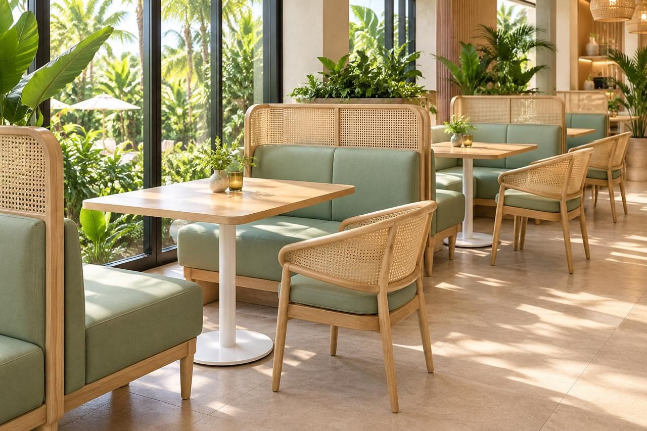 Salle de restaurant lumineuse avec banquettes, tables et chaises — illustration